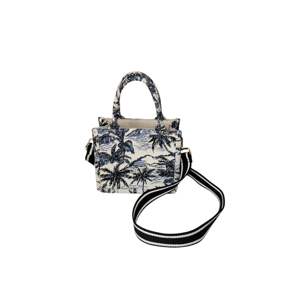 H&M Mini Tote Jacquard Tote Palm Tree Leaf Tropical Bag Crossbody Strap Blue EUC